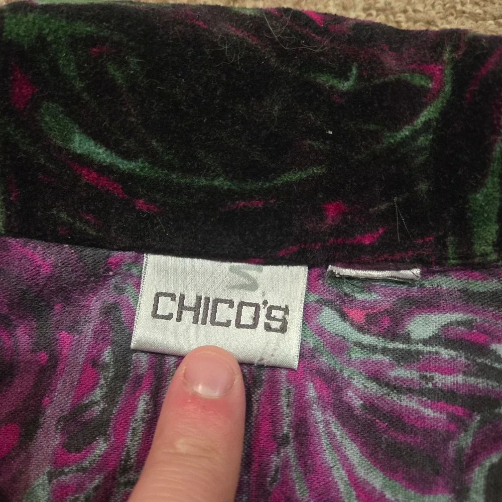 Chico's Velvet Jacket Womens 2 Purple Green Swirl Aztec Shacket Art‎ To Wear